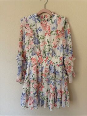 Rare Editions White Floral Ruffle Dress with Pink & Blue Flowers